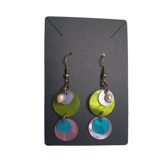 Handcrafted Multicolor Layered Circle Dangle Earrings Boho Beach Core Hook - Picture 3 of 3